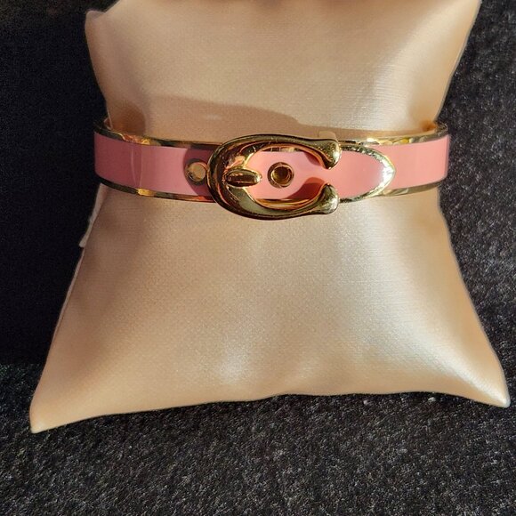 COACH pink enamel and gold Iconic Sig C buckle bangle bracelet adjustable hinged - Picture 2 of 7